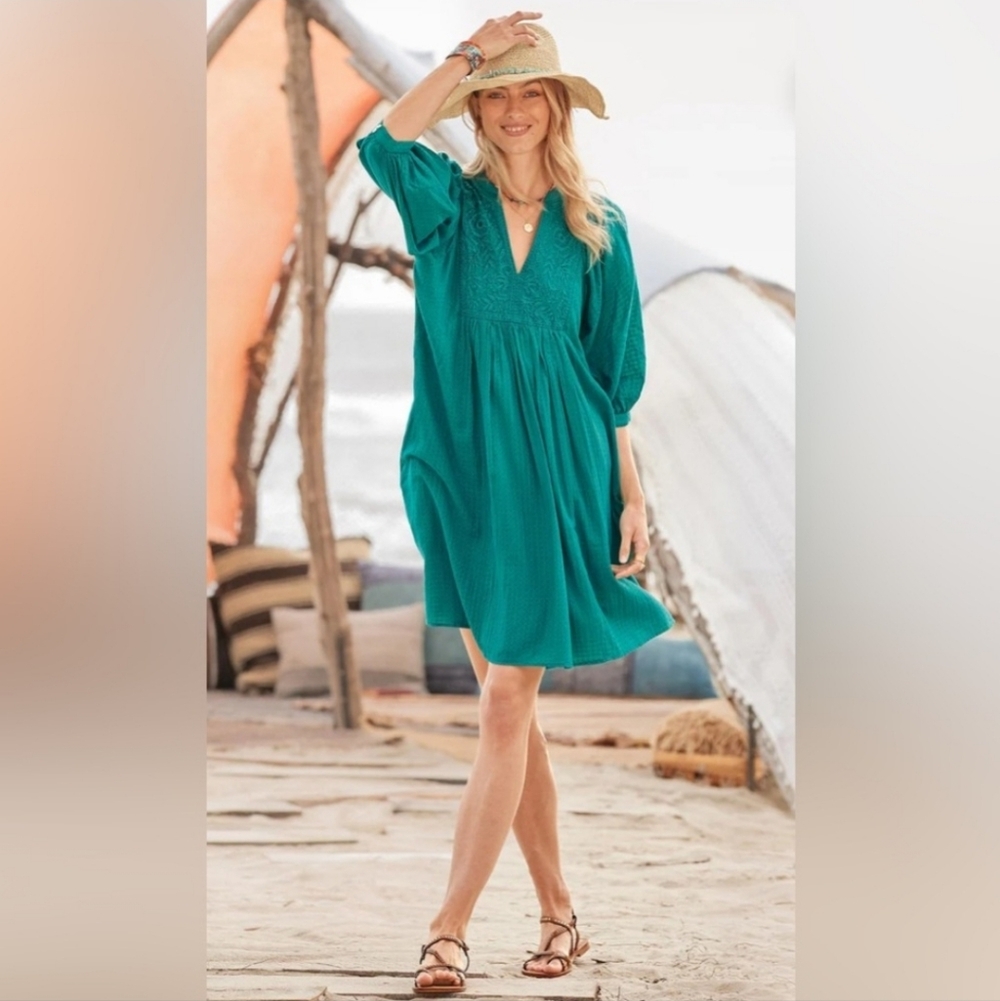 Sundance Womens Sakura Easy Embroidered V Neck Knee Length Dress Teal Boho Large